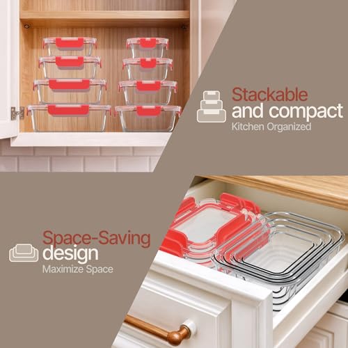 Bakken Borosilicate Glass Food Storage Containers with Lids 24 Pieces (Red)