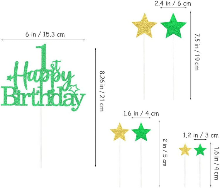 Glittery 1st Happy Birthday Cake Topper with Star,Personalised 1 Birthday Cake Toppers Party Decorations Party Supplies for Baby Boys Girls Green Gold