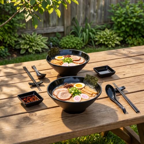 Unbreakable Melamine Ramen Bowl Set (2 piece set) (Black / Set-2)