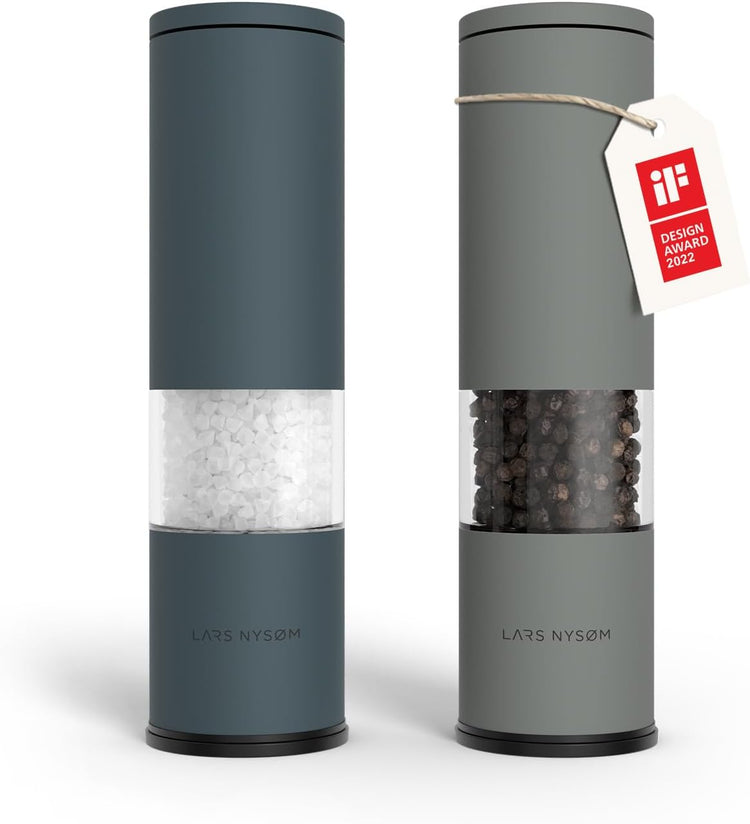 LARS NYSØM Salt and Pepper Grinder Set Manual, Stainless Steel Salt and Pepper Mills with Adjustable Ceramic Grinder I Design Spice Shakers (Blue/Gray)