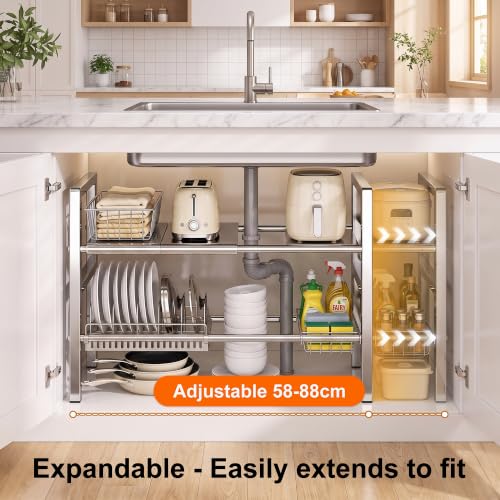 Li&Zhao Stainless Steel Under Sink Organizer (Two-tier with 4 shelves and 2 baskets)