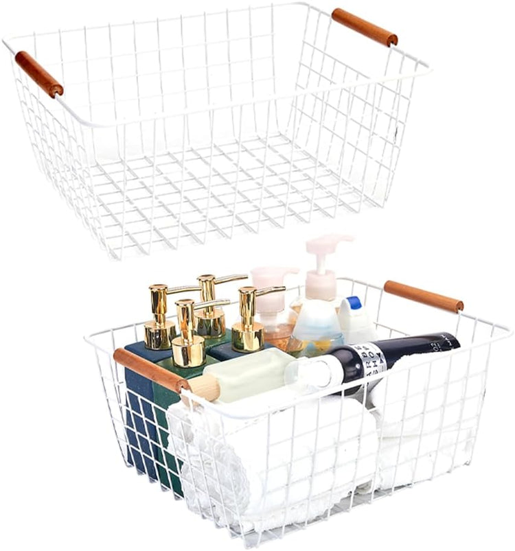 LeleCAT Large white wire baskets with Wooden Handles for storage pantry, Storage Organizer Baskets, Household Refrigerator for Cabinets, Closets, Bedrooms, kitchen - Set of 2(White)