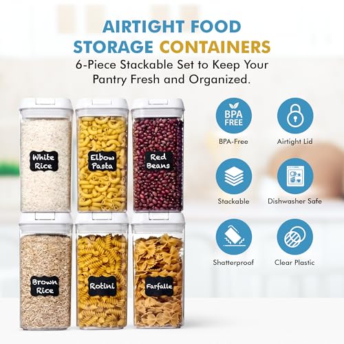 6 PC 1.2L Clear Plastic Airtight Pantry Storage Containers with Lids (Matte White)