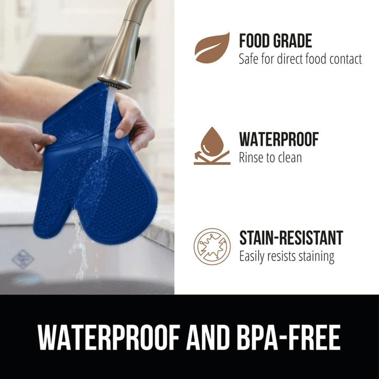 GORILLA GRIP BPA-Free Soft Silicone Oven Mitts and Pot Holders Sets of 4, Heat Resistant Waterproof Cooking Gloves, Thick Cotton Lining, Flexible Gripping for Baking Grilling, Kitchen Trivets, Blue