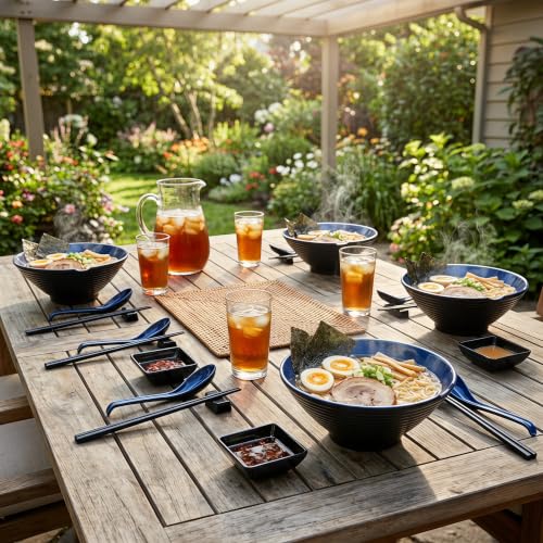 Unbreakable Melamine Ramen Bowl Set (4 piece set) (Blue-Black / Set-4)