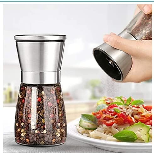 Professional Pepper Grinder - with Germany Hardened Carbon Steel Mechanism Rotor, Refillable Pepper Mill 6OZ Glass Adjust Coarseness (1PCS-Sliver-304)