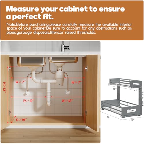 2 Pack 17"Deep Under Sink Organizer And Storage (2 Pack-17"Dx11.4"-16.34"H / Gray)