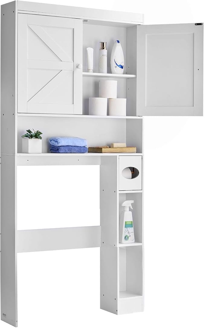 VEVOR Over The Toilet Storage Cabinet, 67.44‘’ Height Bathroom Storage Cabinet Over Toilet with Barn Door and Adjustable Shelf, Bathroom Space-Saving Toilet Rack White Wood with Open Shelf