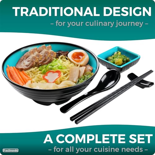 Unbreakable Ramen Bowl Set with Chopsticks and Spoon (2 Bowl Set / Teal & Black)