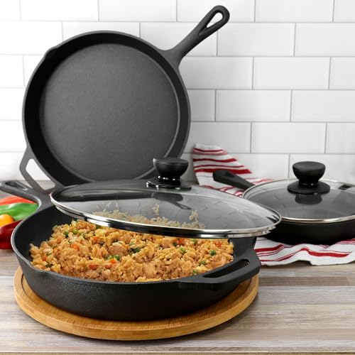 13 Piece Pre Seasoned Cast Iron Skillet Set with Temperd Glass Lids and Silicone Holders (Multi / 13 Piece Skillet Set)