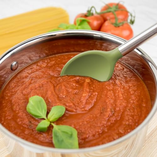 Silicone Cooking Utensil Set of 6 Stainless Steel Handle Ladle Slotted Turner Tongs Flex Core Spatula Scraper Mixing Spoon & Potato Masher (Pesto)