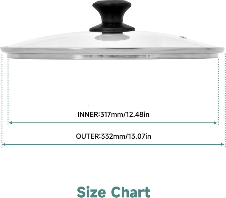 13 In Glass Lid for Frying Pan, Tempered Replacement Cover Compatible with All 13 inches Cookware for Skillets, Round Cast Iron, Cast Aluminium, Stainless Steel Pans &Pots, Black
