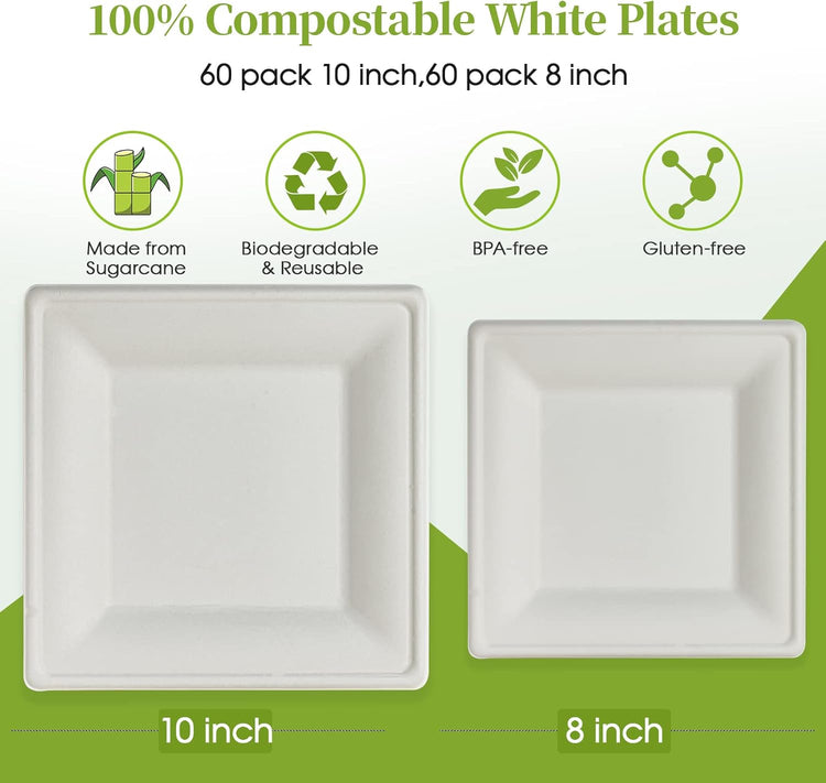 ECOLipak 120 Pack Compostable Paper Plates, 10 inch and 8 inch Heavy Duty Eco friendly Sugarcane Biodegradable Disposable Square Plates for Party Dinner Birthday