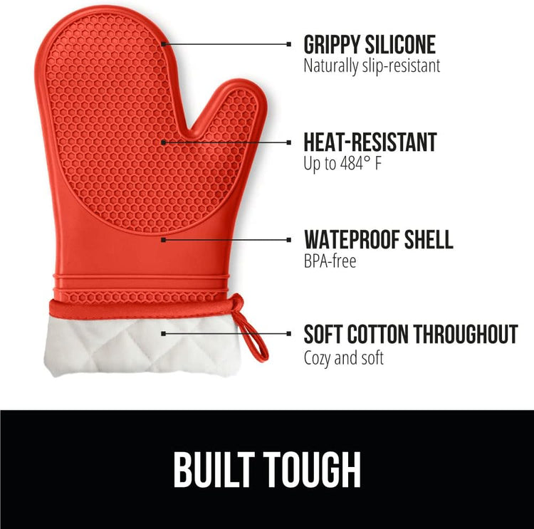 GORILLA GRIP BPA-Free Soft Silicone Oven Mitts, Heat Resistant and Waterproof Cooking Gloves, Thick Cotton Lining, Flexible Gripping for Baking Grilling, Kitchen Potholders Set of 2, 12.5x8.3, Coral