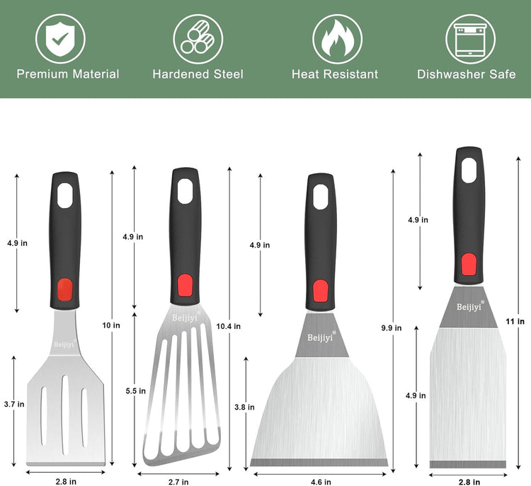 Beijiyi Stainless Steel Spatula Set, 4 Pack Small Metal Turner Spatulas for Kitchen Use, Cooking Utensils with Silicone Handle, Flipper Spatula for Fish, Egg, Smash Burger and Cookie Serving