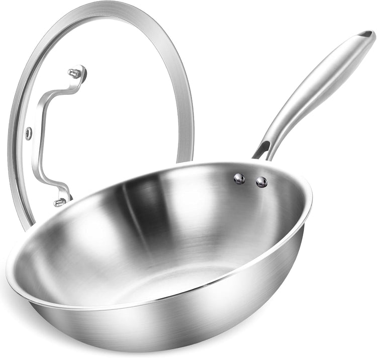 LOLYKITCH 10 Inch Tri-ply Stainless Steel Wok Pan with Lid,Dia.26 CM Stir-Frying Pan,Induction Cooking Pot,Heavy Duty,Dishwasher and Oven Safe,Riveted Handle.