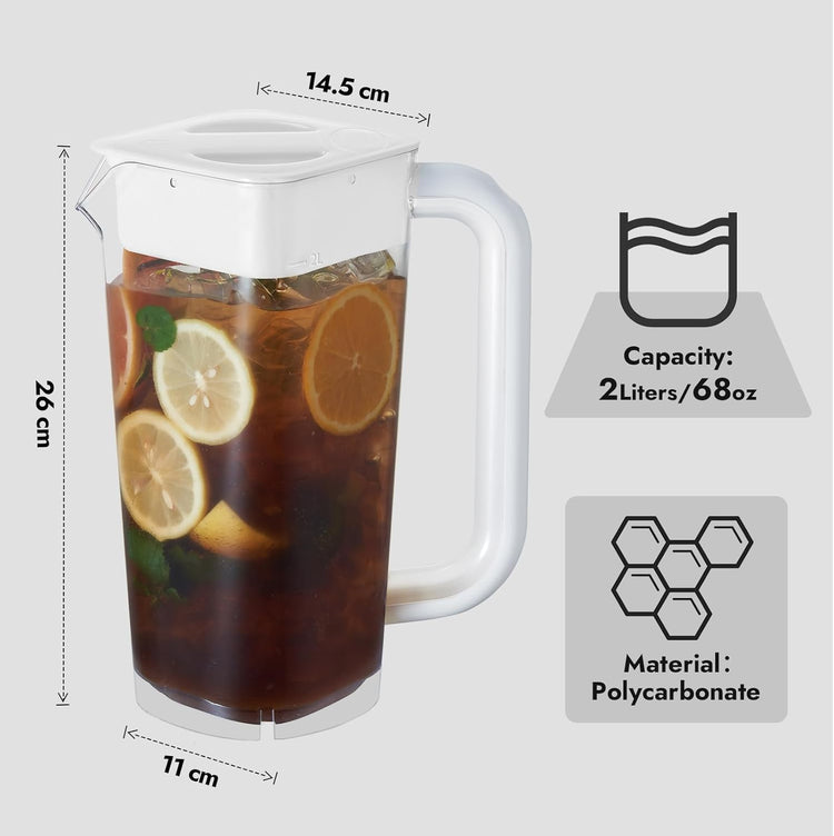CURTA 2 Pack 2 Liters/68 oz Plastic clear Square Pitcher with Lid & Handle for Kitchen,ICED JUICE and Coffee Carafe Beverage Serveware, Acrylic Water Jug for Hot/Cold Drinks&lemonade