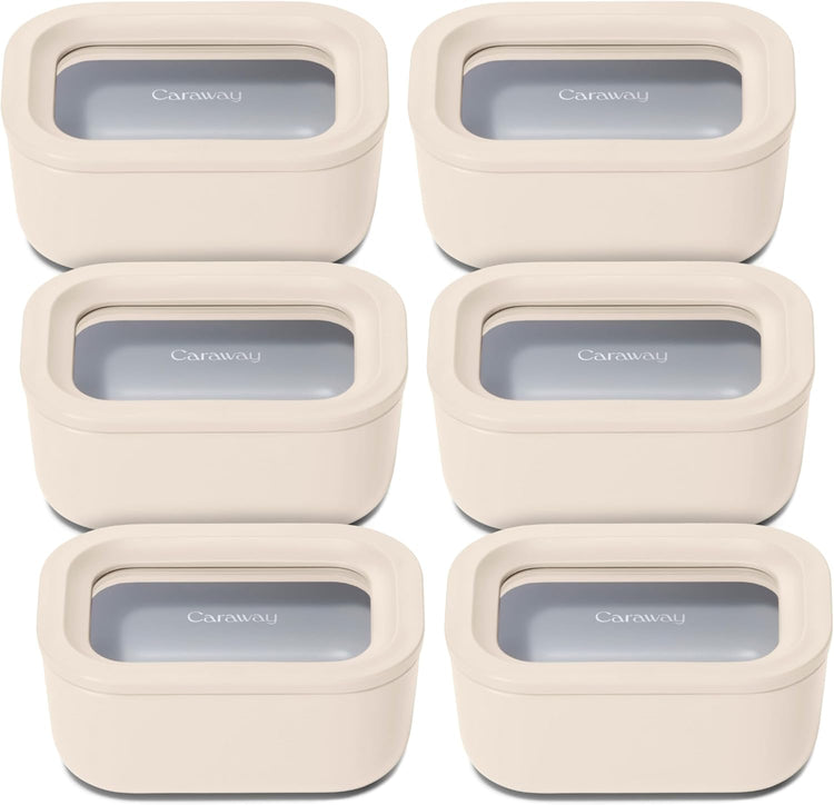 Caraway 6pc Glass Food Storage Set - 2.6 Cup Storage Containers For Food (6) - Non-Toxic Ceramic-Coated Glass - Air Release Technology - Compact & Stackable Design - Cream