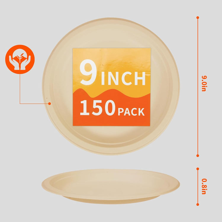 Compostable Paper Plates 9 Inch - 100% Biodegradable, Heavy Duty Eco-Friendly Disposable Plates for Camping,Parties, Weddings, BBQ (150 Pack) (9" Natural Brown)