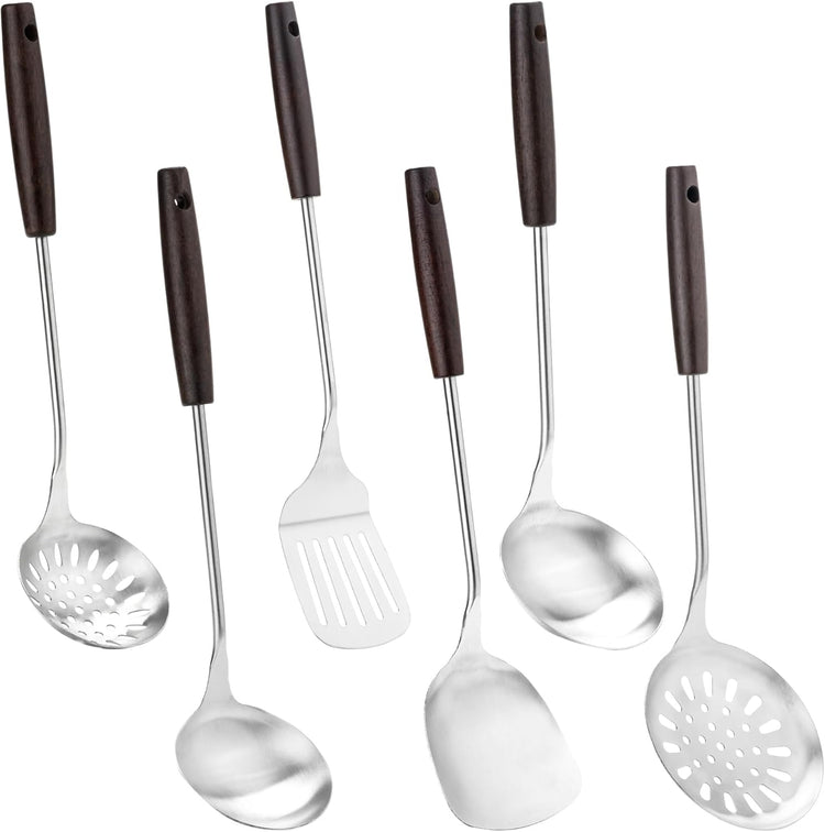 FJNATINH Cooking Utensils Set with Wood Handle, 6 PCS Wok Utensils Tools - Wok Accessories Cookware Set