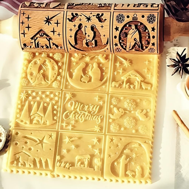 Christmas Wooden Rolling Pin for Baking Engraved Embossing Rolling Pin Cookie Stamps Roller Square Grid Cookies Mold Kitchen Decor Tools for Baking Embossed Cookies