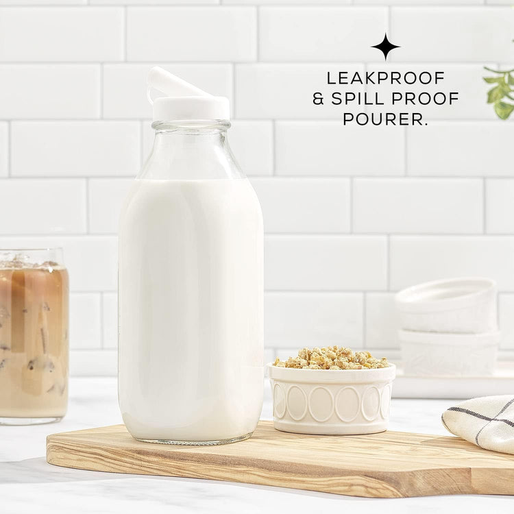 JoyJolt Glass Milk Bottles with Lids and Pourer – 32 Oz, 3 Pack Airtight Heavy Duty Reusable Glass Bottles, Leakproof, BPA-Free, Food Grade, Dishwasher Safe Jug, Pitcher for Milk, Juice, and Water