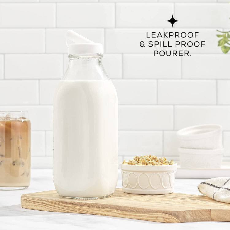 Glass Milk Bottles with Lids and Pourer (3 Count)