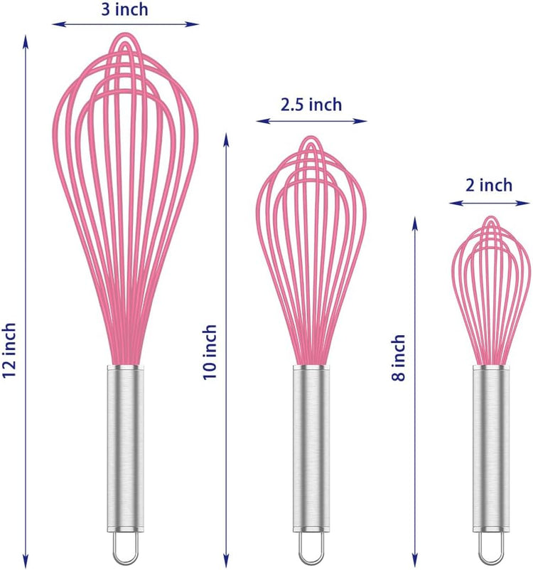Pink Silicone Whisk, Professional Whisks For Cooking Non-Scratch, Stainless Steel & Silicone Wisk, Plastic Rubber Whisk Tool For Nonstick Cookware Pans, Silicon Wisks Set of 3