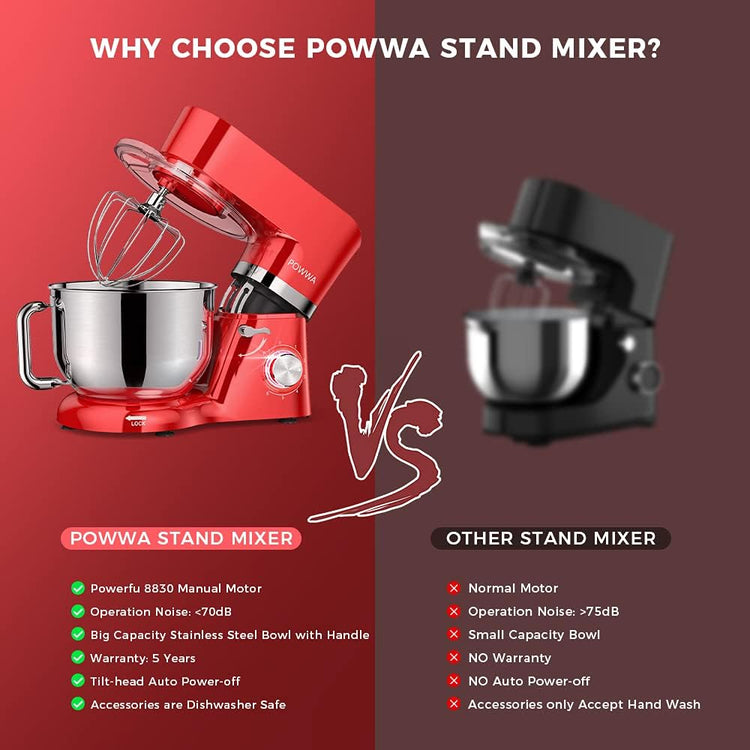 Stand Mixer, POWWA 7.5 QT Electric Mixer, 6+P Speed 660W Household Tilt-Head Kitchen Food Mixers with Whisk, Dough Hook, Mixing Beater & Splash Guard for Baking, Cake, Cookie, Kneading (Red)