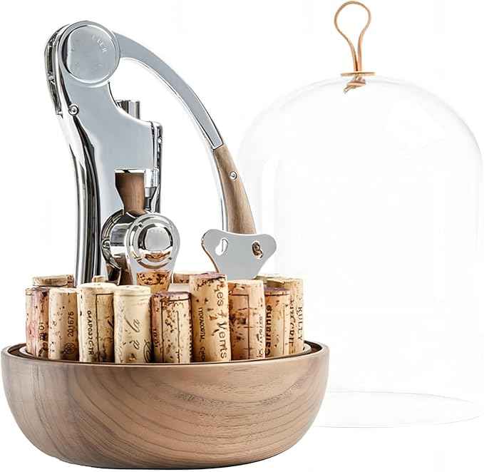 L'atelier Du Vin Oeno Motion Groom Corkscrew & Cork Dome Glass Cloche Display - Tabletop Centerpiece Walnut Wood Base Wine Tasting, Luxury Sommelier Gift Set, Wine Bottle Opener Designed In France