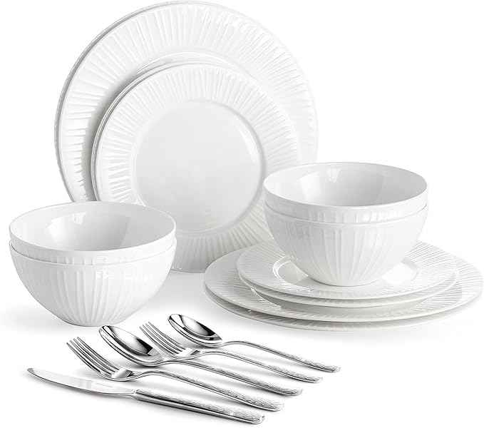 KINGSTONE 12-Piece Bone China Dinnerware Set with 20-Piece flatware, White Lightweight Porcelain Service for 4, for Family Dining, Restaurants, Gifting,Microwave and Dishwasher Safe