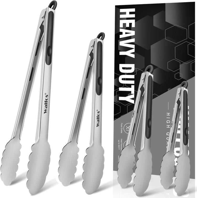 Walfos Stainless Steel Kitchen Tongs for Cooking, BBQ - 7 ,9, 12 and 14 Inch,Set of 4 Heavy Duty Locking Metal Food Tongs Non-Slip Grip