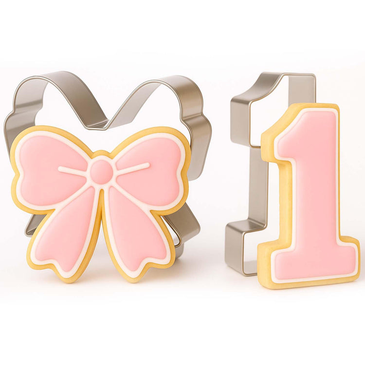 Pink Bow Birthday Party Supplies 2 Pcs 5 Inch Bow Cookie Cutter Number One Cookie Cutter Baking Mold Metal Sandwich Pancake Fondant Cake Mold First Birthday First Anniversary Wedding Party (2 Count)