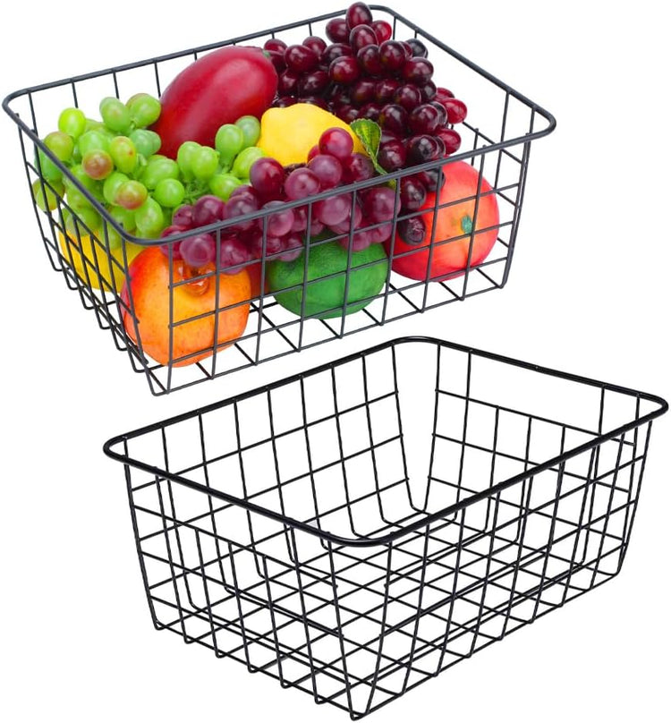 LeleCAT Wire Baskets with Handles, Wire Storage Organizer Baskets, Household Refrigerator for Cabinets, Pantry, Closets, Bedrooms - Set of 4(Black)