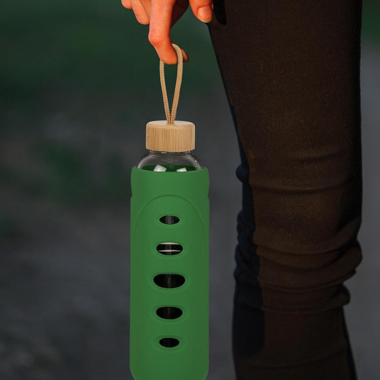 Sport 32oz Glass Water Bottle 1000ml /1 liter Borosilicate Glass Water Bottle Reusable Waterbottle Jugwith Silicone Sleeve and Unique Lid (Dark green