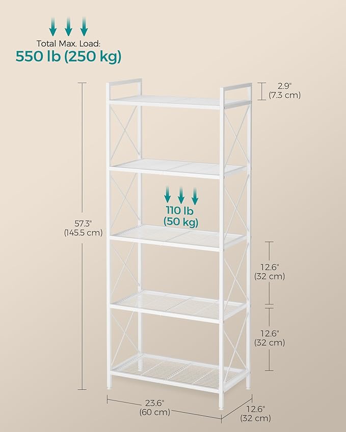 SONGMICS 5-Tier Metal Storage Rack, Shelving Unit with X Side Frames, Dense Mesh, 12.6 x 23.6 x 57.3 Inches, for Entryway, Kitchen, Living Room, Bathroom, Industrial Style, Cloud White UBSC165W01