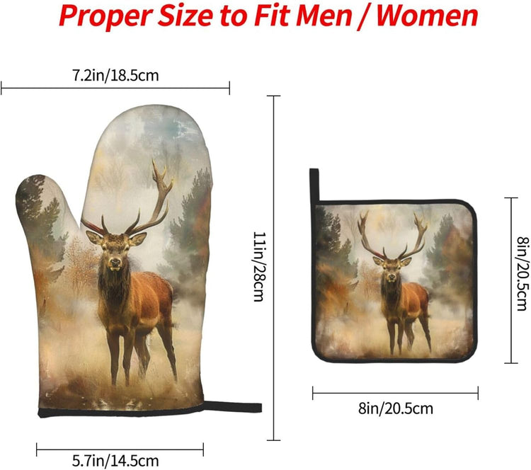 Deer Art Oven Mitts and Pot Holders Sets of 3 Heat Resistant Oven Gloves Hot Pads Non-Slip Kitchen Accessories for Baking Cooking Grilling BBQ