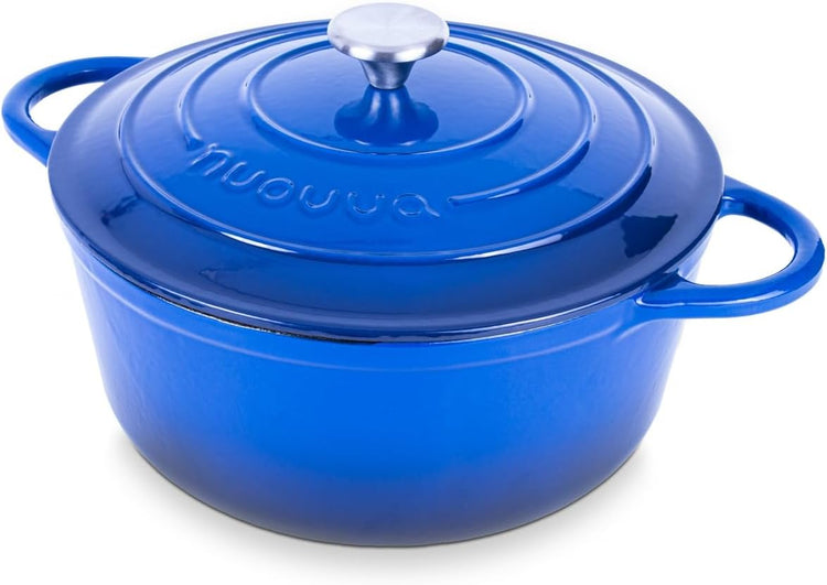 Nuovva Enamelled Cast Iron Dutch Oven Pot with Lid – 6.4 Quart Non Stick Casserole Pot – Heavy Duty & Oven Safe up to 500° F for Bread Baking, Braising, Stews, Roasting – 28cm Dark Blue - Nestoria