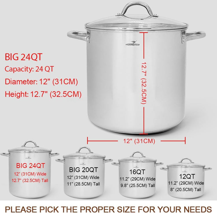 HOMICHEF LARGE STOCK POT 24 Quart With Lid - Nickel Free Stainless Steel Cookware Stockpot 24 Quart - Healthy Cookware Polished Stockpots - Heavy Duty Induction Pot Soup Pot With Lid