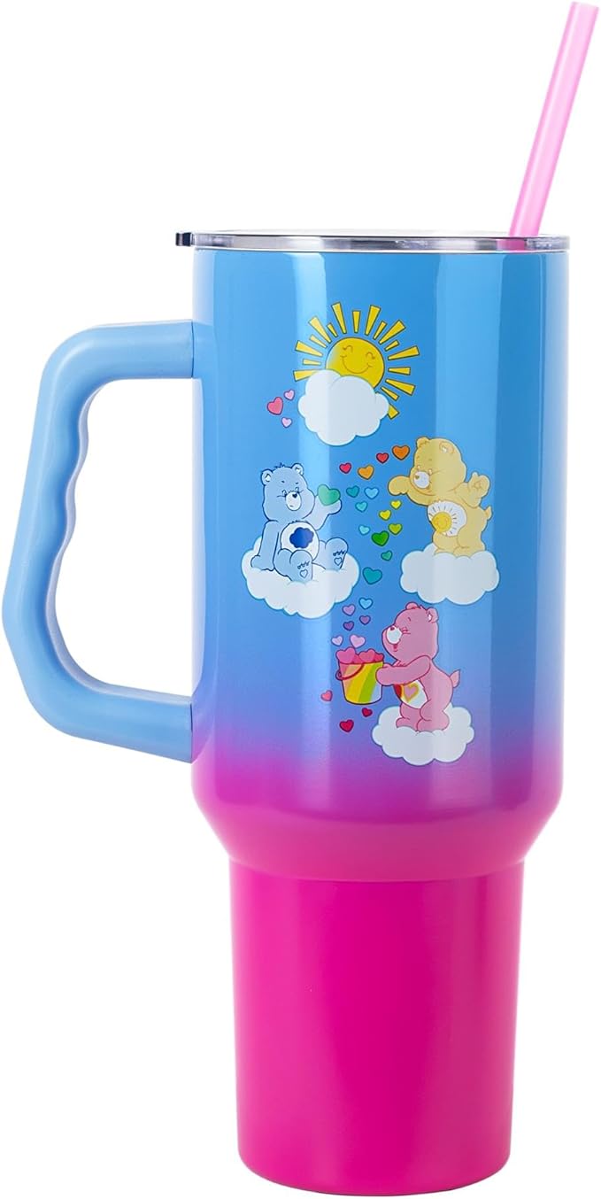 Silver Buffalo Care Bears Featuring Grumpy Bear, Funshine, and Love-A-Lot Bear Heart Showers Ombre Double Walled Stainless Steel Tumbler with Handle and Straw, Fits in Standard Cup Holder, 40 Ounces