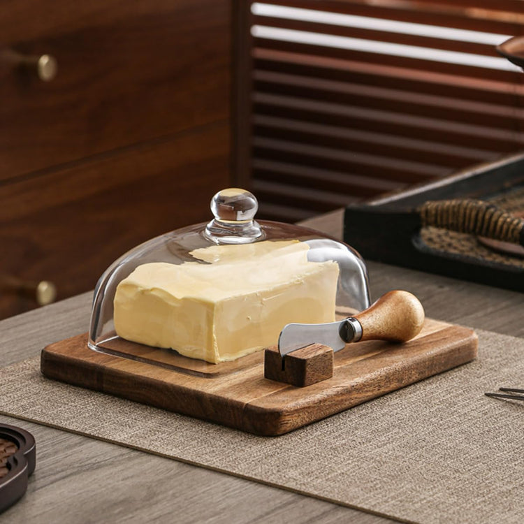 Glass & Acacia Wood Butter Dish with Airtight Glass Lid & Serving Knife