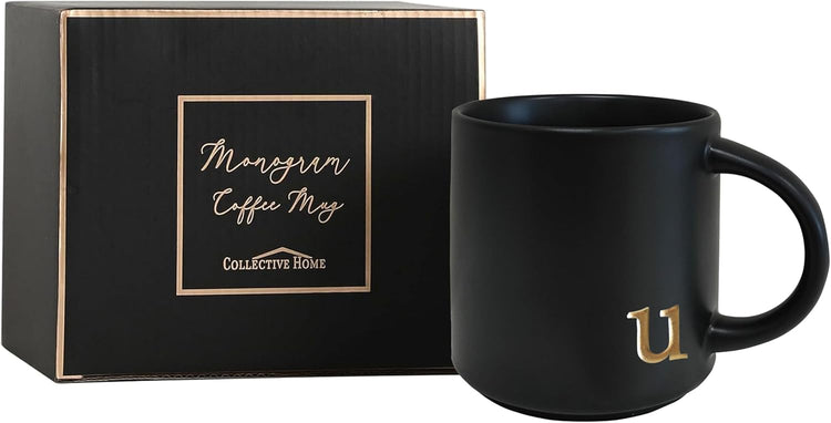 COLLECTIVE HOME - Black Monogram Ceramic Mugs, 15 oz Golden Initial Coffee Cups, Elegant Alphabet Tea Mugs, Personalized Halloween Mug with Gift Box, Perfect for Office and Home Décor (u)