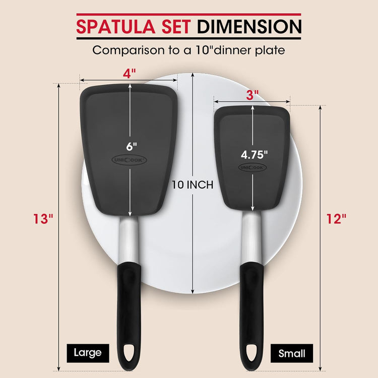 Unicook 2 Pack Flexible Silicone Spatula, Turner, 600F Heat Resistant, Ideal for Flipping Eggs, Burgers, Crepes and More, Black