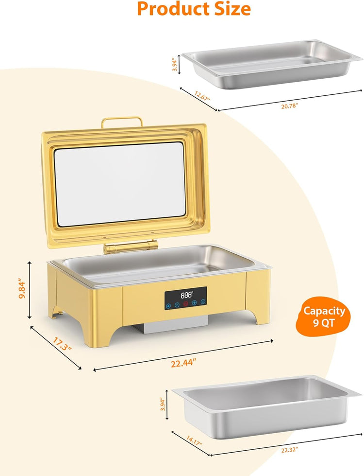Electric Chafing Dish, 9QT Full Size Touch Screen Chafing Dishes for Buffet Roll Top Set Food Servers and Warmer with Glass Lid for Catering, Parties, Weddings, Gold