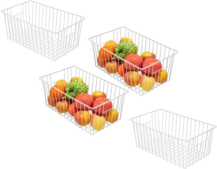 16Lx12Wx6H inch Wider Freezer Organizer Baskets Container, Refrigerator Metal Wire Storage Bins with Handles for Kitchen, Pantry, Cabinet, Closets - Pearl White(4 Packs