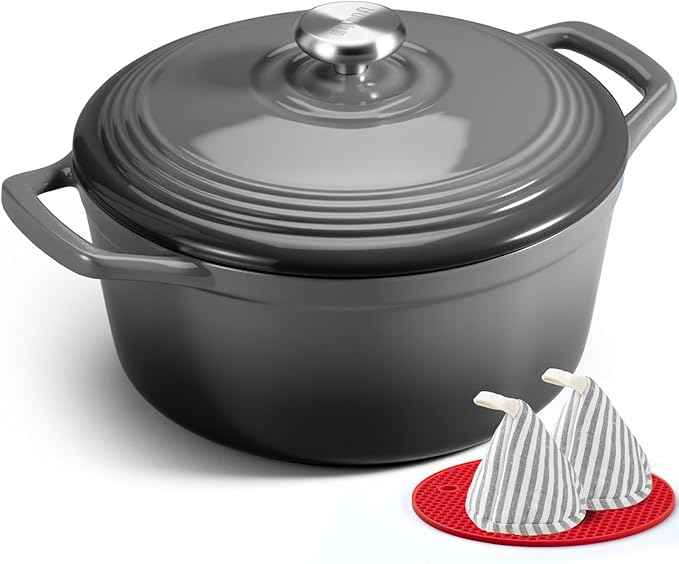 Overmont Refined Enameled Cast Iron Dutch Oven - 5.5QT Pot with Wide Handles Lid Cookbook & Cotton Potholders - Heavy-Duty Pre-Seasoned Cookware Oven Safe to 500ยฐF for Braising, Stews, Roasting, Bread Baking