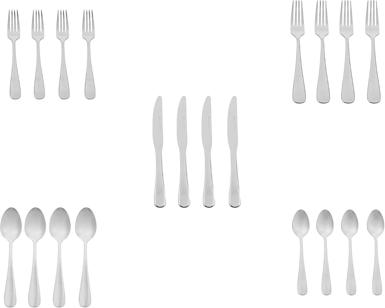 Amazon Basics Silverware Set, Stainless Steel Flatware, Dishwasher Safe, Service for 4, 20-Piece Forks and Spoons, Round Edge