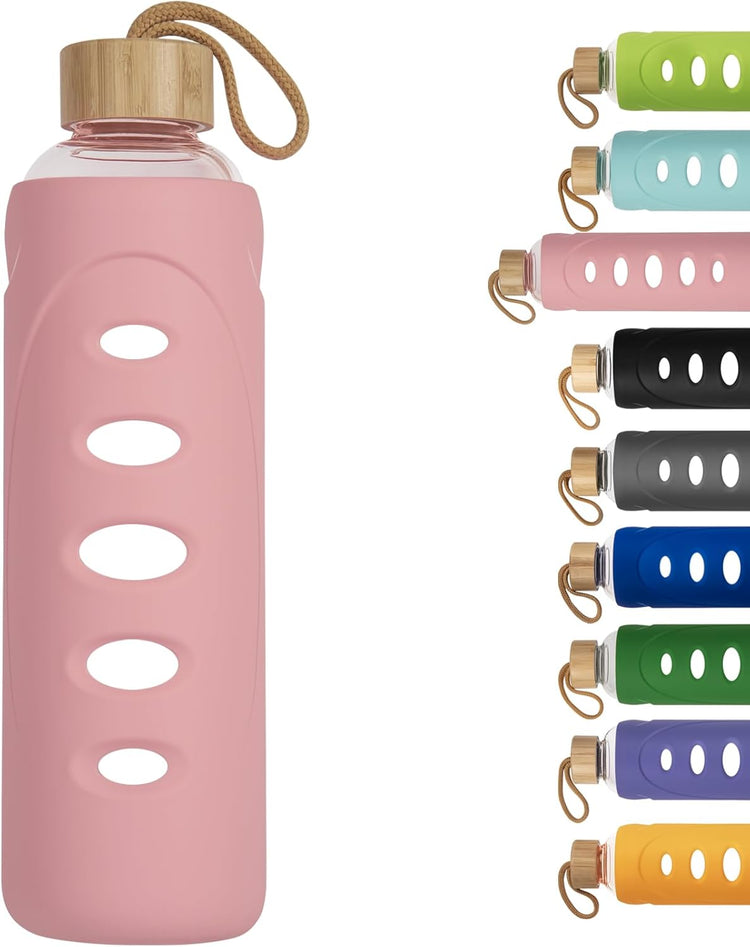 Sport 32oz Glass Water Bottle 1000ml /1 liter Borosilicate Glass Water Bottle Reusable Waterbottle Jugwith Silicone Sleeve and Unique Lid (Pink