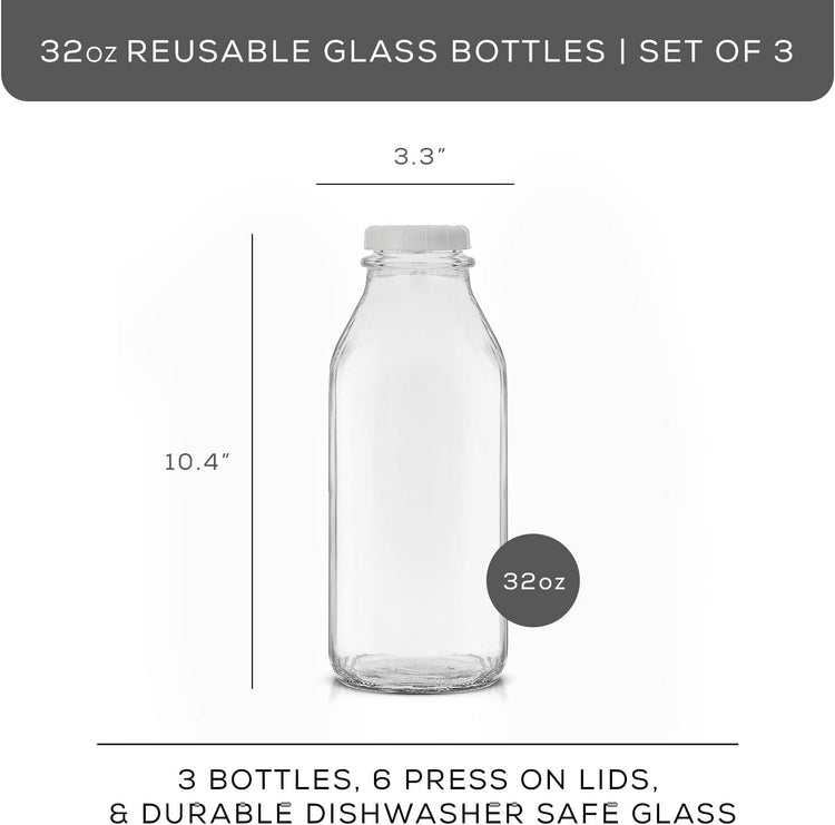 JoyJolt Glass Milk Bottles with Lids and Pourer – 32 Oz, 3 Pack Airtight Heavy Duty Reusable Glass Bottles, Leakproof, BPA-Free, Food Grade, Dishwasher Safe Jug, Pitcher for Milk, Juice, and Water