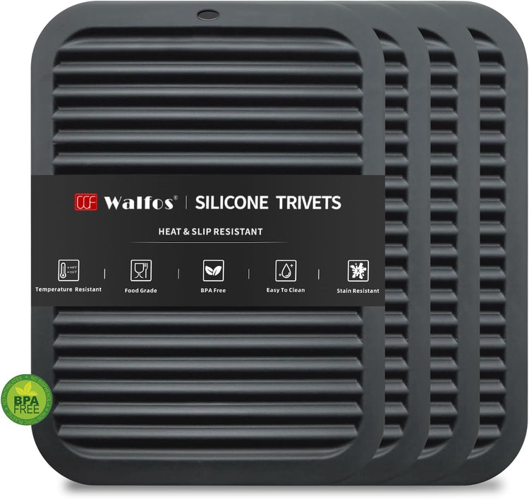 Walfos Silicone Trivets for Hot Pots and Pans - 446°F Heat Resistant Hot Pads for Kitchen Counter- 4 Pcs Multi-Purpose & Versatile Trivet Mat - Long-Lasting & Flexible Silicone Hot Pad(Black)